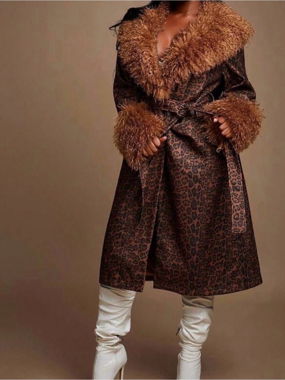 SHEIN Brown Leopard-Print Trench Coat with Faux-Fur Trim